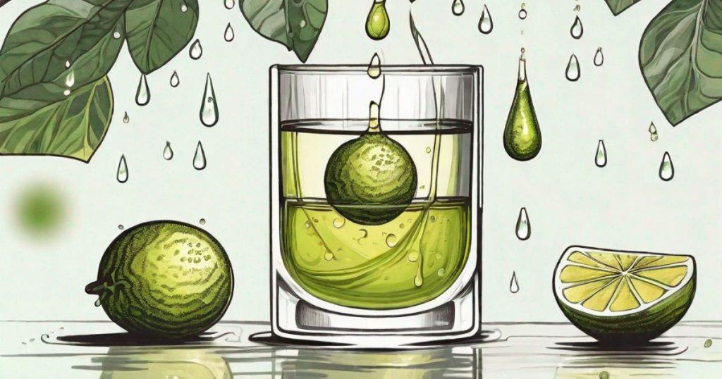 Le proprietà dell'essenza di bergamotto: benefici e utilizzo 1 illustrazione essenza bergamotto proprietà gocce bicchiere foglie verdi